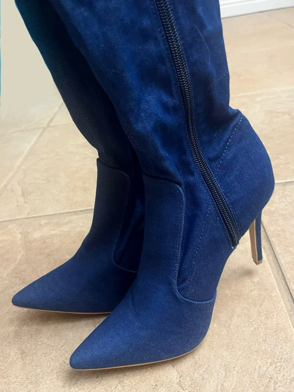 Cape Robin Blue Stretch Denim Jean Thigh High Pointy Toe Stiletto Heel Boots 6.5 - Picture 8 of 13